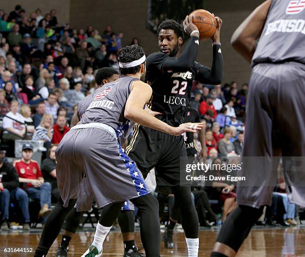 Branden Dawson from the Erie Bayhawks looks to make a move against the Sioux Falls Skyforce at the Sanford Pentagon January 13, 2017 in Sioux Falls,...