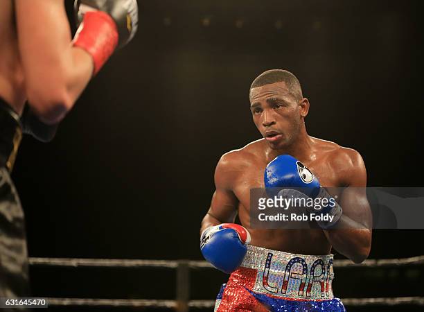 Erislandy Lara fights against Yuri Foreman during the fourth round of their WBA World Super Welterweight Championship bout at Hialeah Park on January...