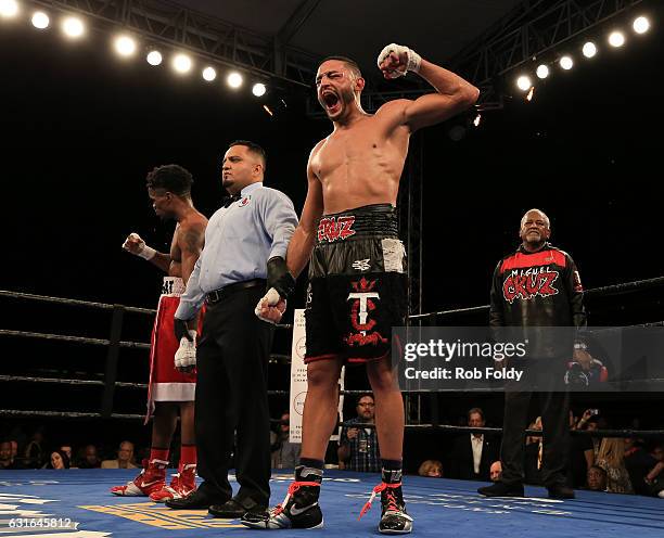 Miguel Cruz reacts after being declared the winner of a bout against Alex Martin at Hialeah Park on January 13, 2017 in Miami, Florida.