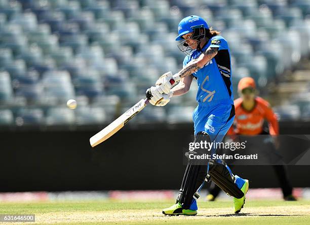 Sarah Coyte of the Strikers bats during the Women's Big Bash League match between the Perth Scorchers and the Adelaide Strikers at WACA on January...