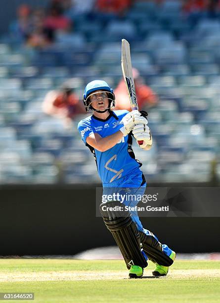 Sarah Coyte of the Strikers bats during the Women's Big Bash League match between the Perth Scorchers and the Adelaide Strikers at WACA on January...