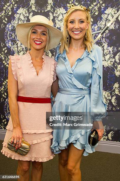 Channel 7 news presenters Sarah Cumming and Angie Asimus attend Magic Millions Raceday on January 14, 2017 in Gold Coast, Australia.