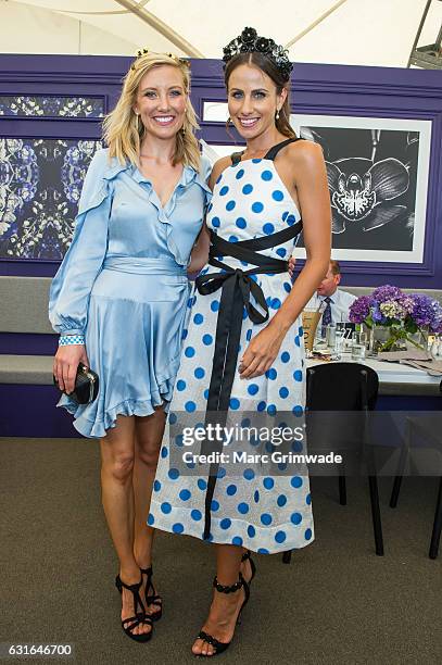 Channel 7 news presenter Angie Asimus and Magic Millions ambassador Amanda Abate attend Magic Millions Raceday on January 14, 2017 in Gold Coast,...