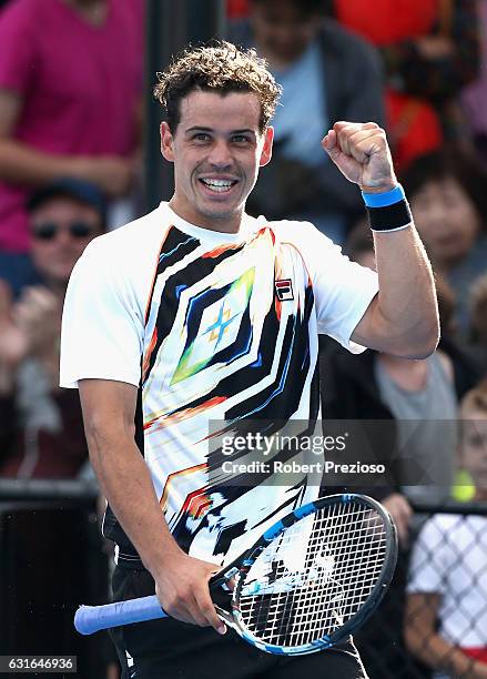 Alex Bolt of Australia celebrates a win in his 2017 Australian Open Qualifying match against Julien Benneteau of France at Melbourne Park on January...