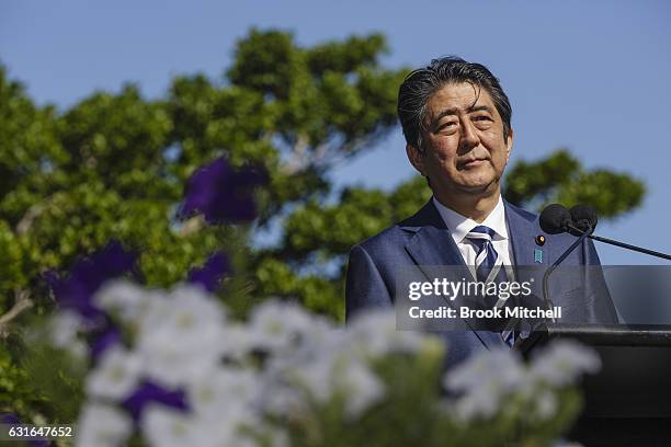 Japanese Prime Minister Shinzo Abe delivers a joint media statement at Kirribilli House on January 14, 2017 in Sydney, Australia. The Japanese Prime...