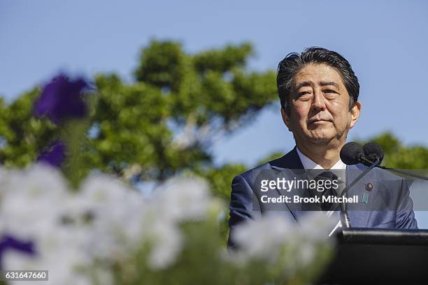 Japanese Prime Minister Shinzo Abe delivers a joint media statement at Kirribilli House on January 14, 2017 in Sydney, Australia. The Japanese Prime...