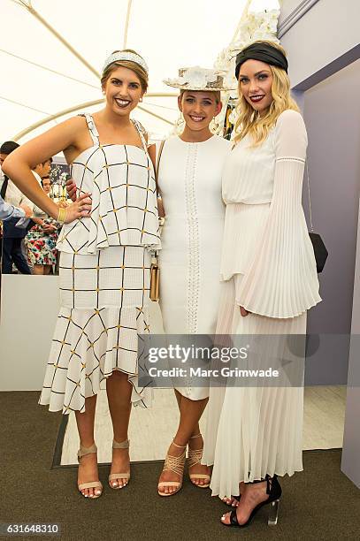 Lana Sciasci and Kendall Gilging and Melina Vidler attend Magic Millions Raceday on January 14, 2017 in Gold Coast, Australia.
