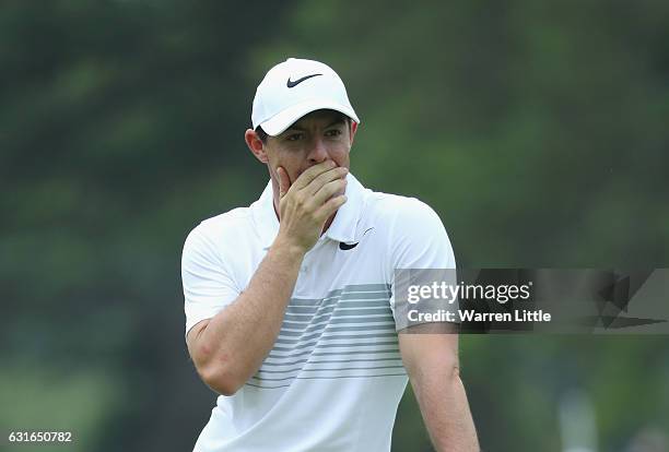 Rory McIlroy of Northern Ireland reacts to a poor shot on the fourth hole during the second round of the BMW South African Open Championship at...