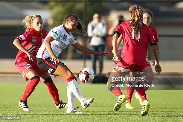 Katherine Stengel of Western Sydney wins the ball during the round 12 W-League match between Adelaide United and the Western Sydney Wanderers at...