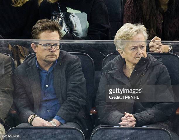 Michael J. Fox and Mother, Phyllis Piper attend Toronto Maple Leafs Vs. New York Rangers at Madison Square Garden on January 13, 2017 in New York...