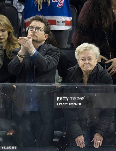 Michael J. Fox and Mother, Phyllis Piper attend Toronto Maple Leafs Vs. New York Rangers at Madison Square Garden on January 13, 2017 in New York...