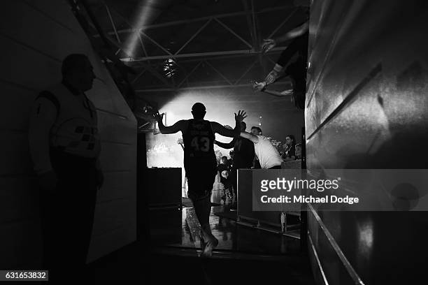 Chris Goulding of United enters the court during the round 15 NBL match between Melbourne United and the Cairns Taipans at the State Netball Hockey...