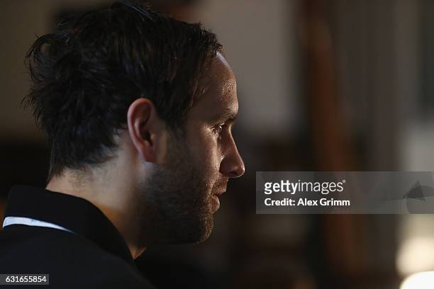Silvio Heinevetter talks to journalists during a Germany press conference at Novotel Rouen Sud during the 25th IHF Men's World Championship 2017 on...