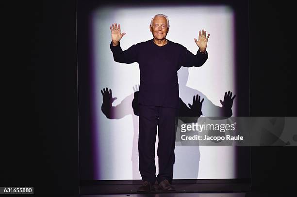 Designer Giorgio Armani is seen on the runway at the Emporio Armani show during Milan Men's Fashion Week Fall/Winter 2017/18 on January 14, 2017 in...