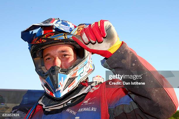 Sergey Karyakin of Russia and Yamaha Fores Dakar celebrates victory at the finish of stage twelve of the 2017 Dakar Rally on January 14, 2017 in Rio...