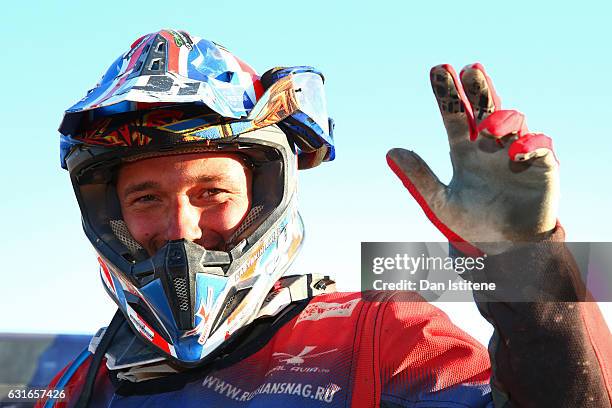 Sergey Karyakin of Russia and Yamaha Fores Dakar celebrates victory at the finish of stage twelve of the 2017 Dakar Rally on January 14, 2017 in Rio...