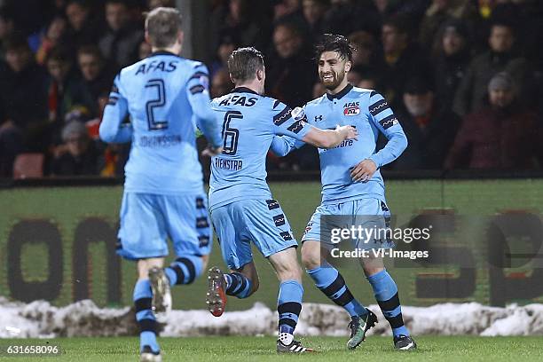 Mattias Johansson of AZ Alkmaar, Ben Rienstra of AZ Alkmaar, Alireza Jahanbakhshof AZ Alkmaar during the Dutch Eredivisie match between Go Ahead...