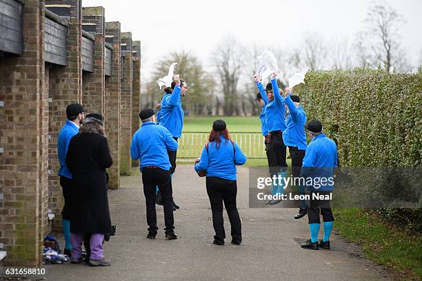 Costumed dancers rehearse before the annual Whittlesea Straw Bear Festival parade on January 14, 2017 in Whittlesey, United Kingdom. The traditional...