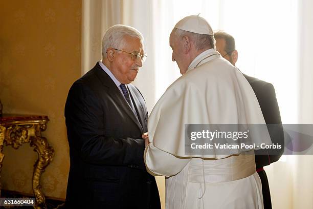 Pope Francis meets Palestinian President Mahmoud Abbas during a private audience at the Vatican on January 14, 2017 in Vatican City, Vatican.