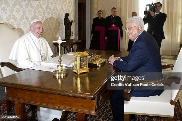 Pope Francis meets Palestinian President Mahmoud Abbas during a private audience at the Vatican on January 14, 2017 in Vatican City, Vatican.