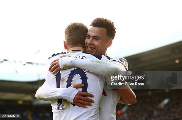 Harry Kane of Tottenham Hotspur celebrates scoring his sides fourth goal with Dele Alli of Tottenham Hotspur during the Premier League match between...