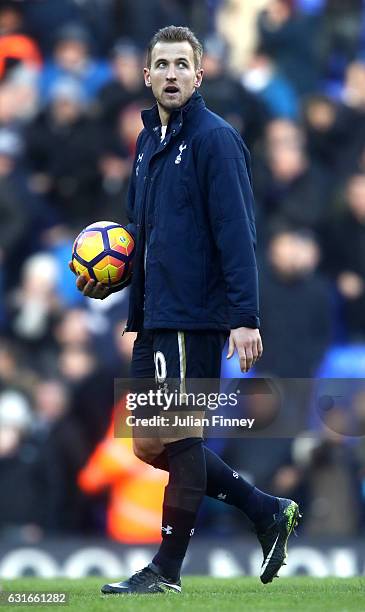 Harry Kane of Tottenham Hotspur collects the match ball after the Premier League match between Tottenham Hotspur and West Bromwich Albion at White...