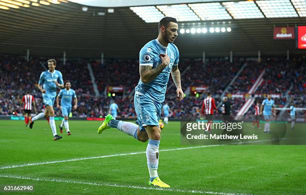 Marko Arnautovic of Stoke City celebrates scoring his sides second goal during the Premier League match between Sunderland and Stoke City at Stadium...