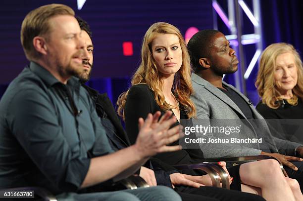 Christian Torpe, Morgan Spector and Alyssa Sutherland, Okezie Morro and Frances Conroy of Spike's The Mist attends the Viacom Winter TCA Panels and...