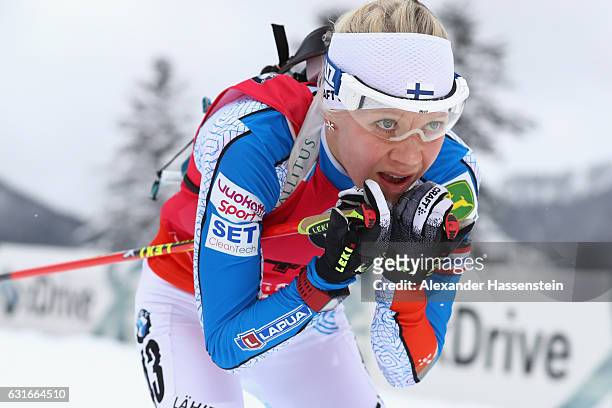 Kaisa Makarainen of Finland competes in the 7.5 km Women's Sprint during the IBU Biathlon World Cup at Chiemgau Arena on January 14, 2017 in...