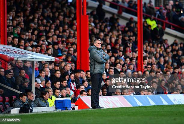 Brentford Football Club Manager Dean Smith stands pitch side during the Championship Match between Brentford and Newcastle United at Griffin Park on...