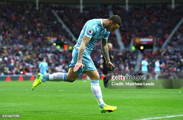 Maro Arnautovic of Stoke City celebrates scoring his sides first goal during the Premier League match between Sunderland and Stoke City at Stadium of...