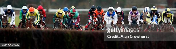 General view as runners approach a fence at Warwick Racecourse on January 14, 2017 in Warwick, England.