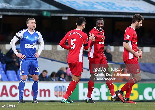 Blackburn Rovers' Hope Akpan celebrates scoring his sides equalising goal to make the score 1-1 with Derrick Williams during the Sky Bet Championship...