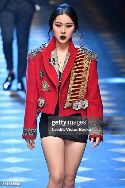 Natasha Lau walks the runway at the Dolce & Gabbana show during Milan Men's Fashion Week Fall/Winter 2017/18 on January 14, 2017 in Milan, Italy.