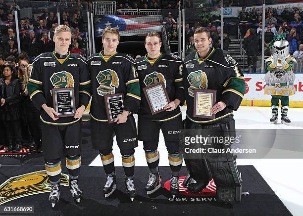 The London Knights honour Olli Juolevi, Janne Kuokkanen, Mitchell Stephens, and Tyler Parsons for their play at the 2017 IIHF World Junior Hockey...