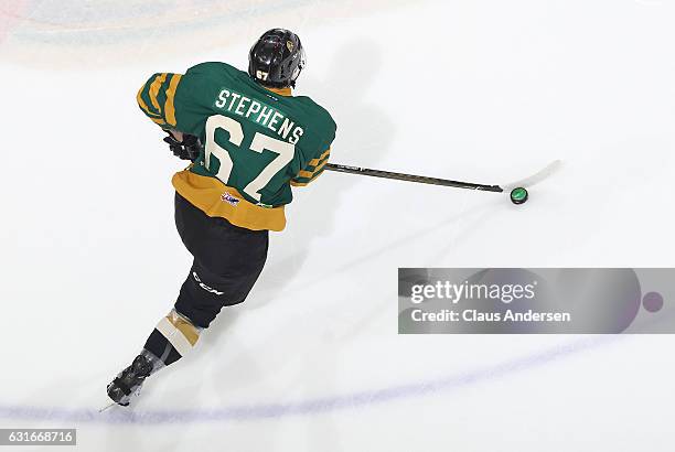 Mitchell Stephens of the London Knights skates during the warm-up prior to play against the Saginaw Spirit in an OHL game at Budweiser Gardens on...