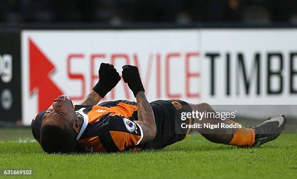 Abel Hernandez of Hull City celebrates scoring his sides second goal during the Premier League match between Hull City and AFC Bournemouth at KCOM...