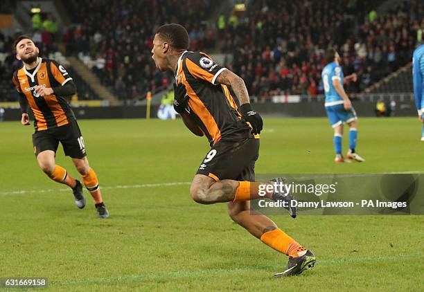 Hull City's Abel Hernandez celebrates scoring his side's second goal of the game during the Premier League match at The KCOM Stadium, Hull.