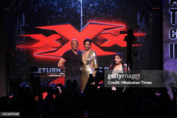 Hollywood actor Vin Diesel and Bollywood actor Deepika Padukone during a 'meet and greet' with fans to promote the film 'xXx: Return of Xander Cage',...
