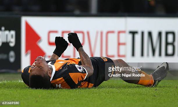Abel Hernandez of Hull City celebrates scoring his sides second goal during the Premier League match between Hull City and AFC Bournemouth at KCOM...