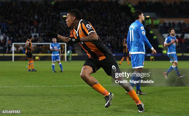 Abel Hernandez of Hull City celebrates scoring his sides second goal during the Premier League match between Hull City and AFC Bournemouth at KCOM...