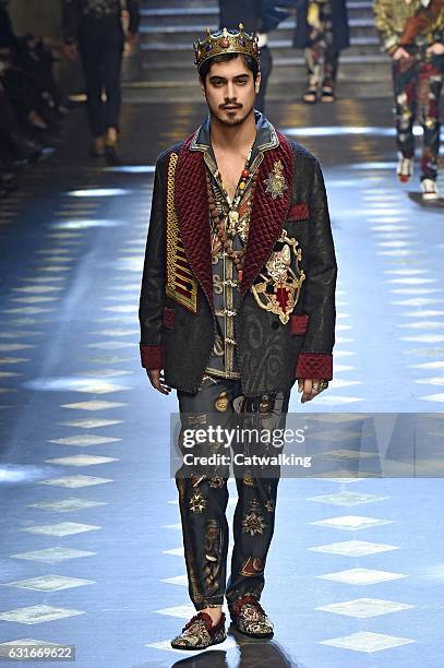 Avan Jogia walks the runway at the Dolce & Gabbana Autumn Winter 2017 fashion show during Milan Menswear Fashion Week on January 14, 2017 in Milan,...