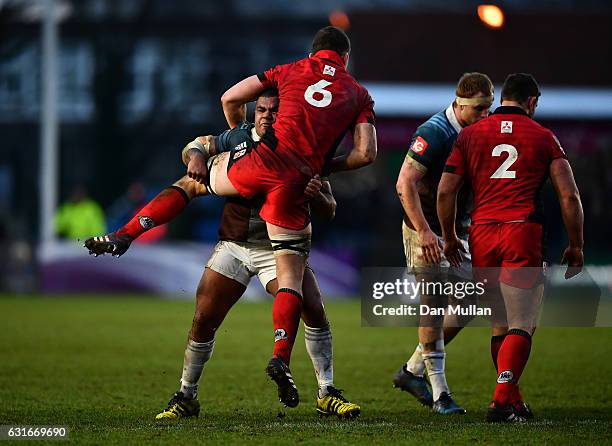 Kyle Sinckler of Harlequins dump tackles Magnus Bradbury of Edinburgh off the ball resulting in a yellow card during the European Rugby Challenge Cup...