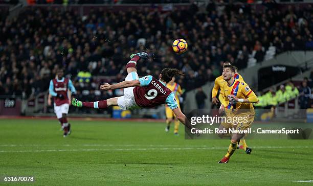 West Ham United's Andy Carroll scores his sides second goal during the Premier League match between West Ham United and Crystal Palace at London...