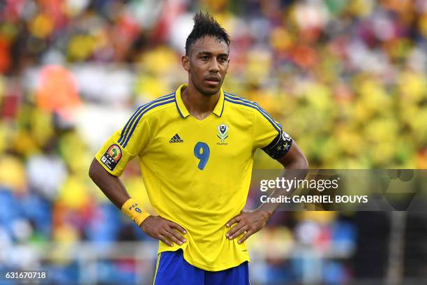 Gabon's forward Pierre-Emerick Aubameyang reacts during the 2017 Africa Cup of Nations group A football match between Gabon and Guinea-Bissau at the...