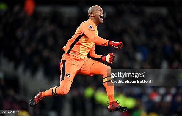 Darren Randolph of West Ham United celebrates his sides goal during the Premier League match between West Ham United and Crystal Palace at London...