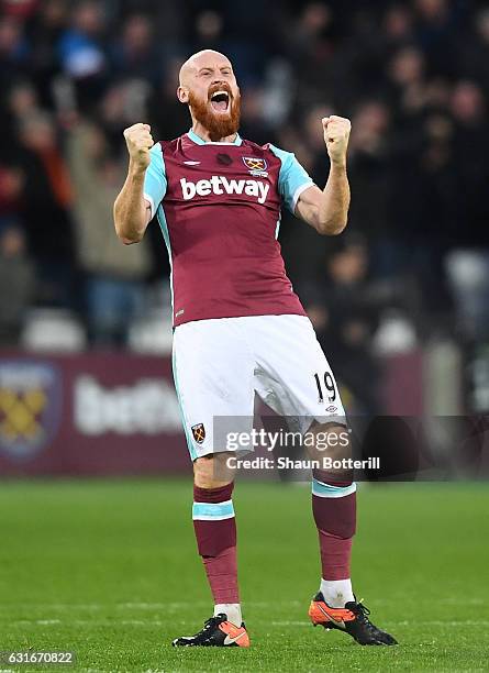 James Collins of West Ham United celebrates his side going 1-0 up through a Sofiane Feghouli of West Ham United goal during the Premier League match...