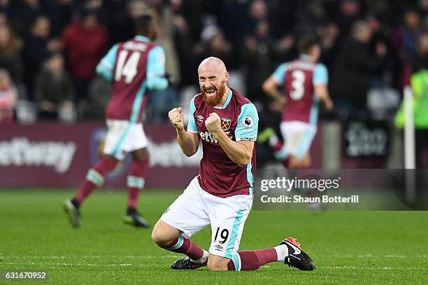 James Collins of West Ham United celebrates his side going 1-0 up through a Sofiane Feghouli of West Ham United goal during the Premier League match...