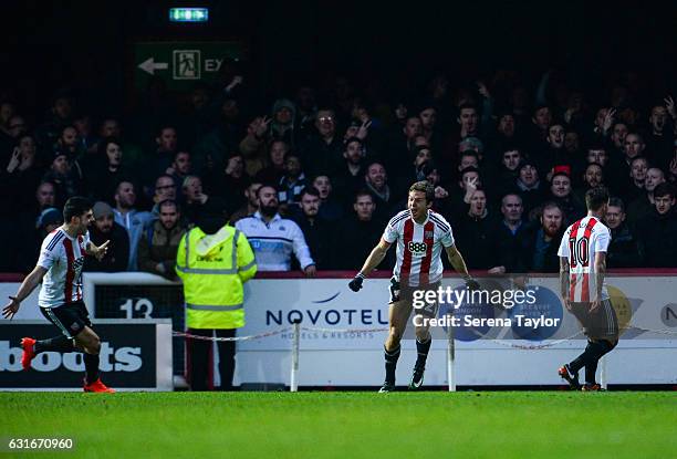 FBRENTFORD, ENGLAND Lasse Vibe of Brentford Football Club celebrates after scoring Brentford's first and equalising goal during the Championship...