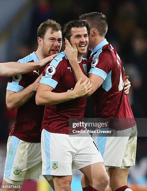 Joey Barton of Burnley celebrates scoring his sides first goal with his Burnley team mates during the Premier League match between Burnley and...